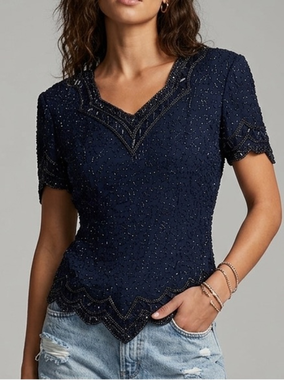 Vintage Stenay 100% silk black beaded top. XL.